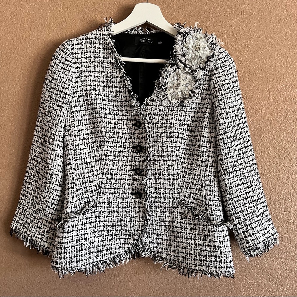 Rickie Freeman For Teri Jon Tweed Blazer with Floral Appliqué Size 4